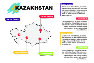 Kazakhstan travel location infographic, tourism and vacation concept, popular places of Kazakhstan, country graphic vector template, designed map idea, sightseeing destinations