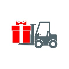 Forklift vehicle with gift icon isolated on white background