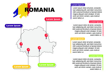 Romania travel location infographic, tourism and vacation concept, popular places of Romania, country graphic vector template, designed map idea, sightseeing destinations