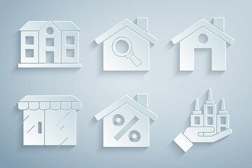 Set House with percant discount, Market store, Skyscraper, Search house and icon. Vector