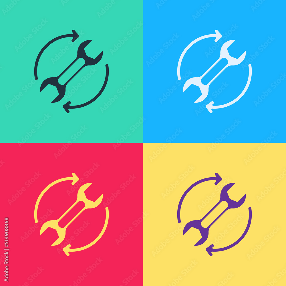 Poster pop art wrench spanner and arrows as workflow icon isolated on color background. adjusting, service,
