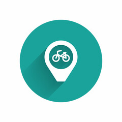 White Map pointer with bicycle icon isolated with long shadow. Green circle button. Vector