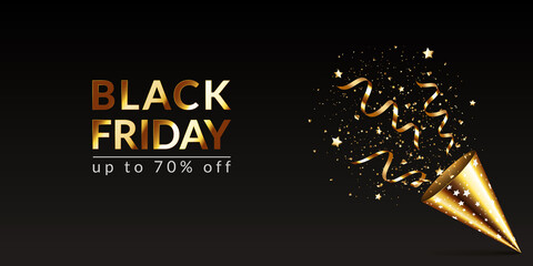 Gold party hat with stars, ribbons and confetti on black background. BLACK FRIDAY concept. 
