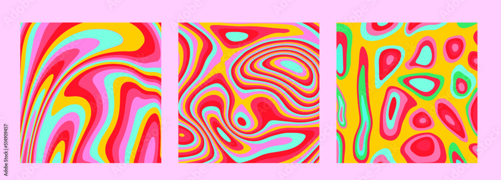 Poster Set of hippie retro posters with melting and distorting shapes.