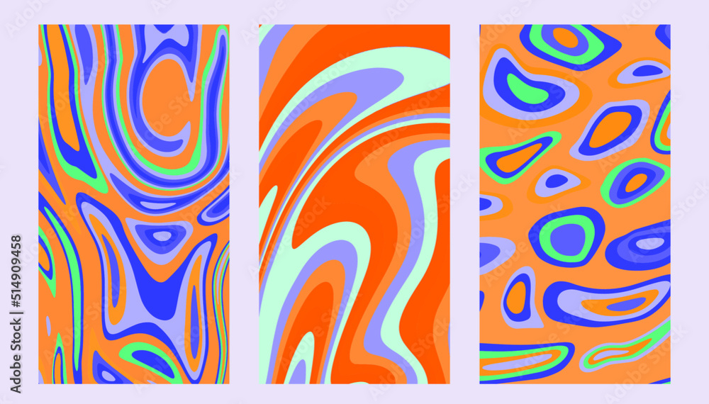 Aufkleber set of hippie retro posters with melting and distorting shapes.