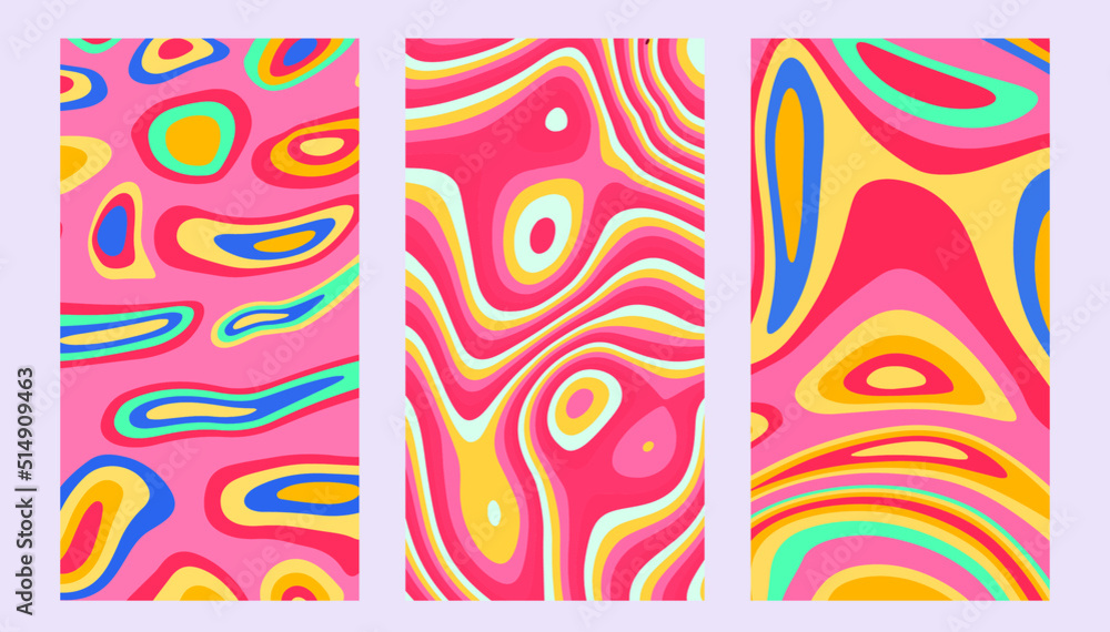Poster Set of hippie retro posters with melting and distorting shapes.