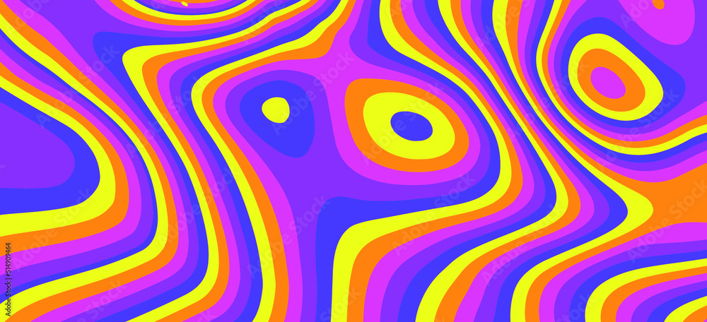 Aufkleber Retro neon psychedelic background with distorted and wavy lines and curves. The 60s and 70s hippie style.