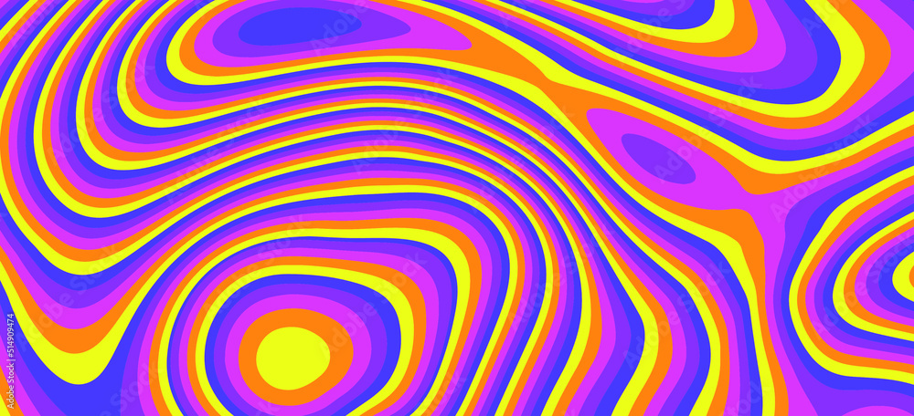 Poster retro neon psychedelic background with distorted and wavy lines and curves. the 60s and 70s hippie s