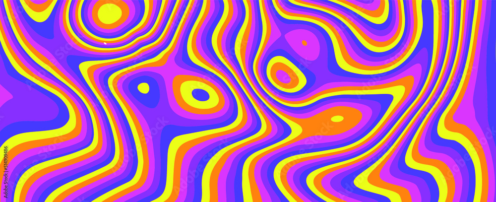Aufkleber Retro neon psychedelic background with distorted and wavy lines and curves. The 60s and 70s hippie style.
