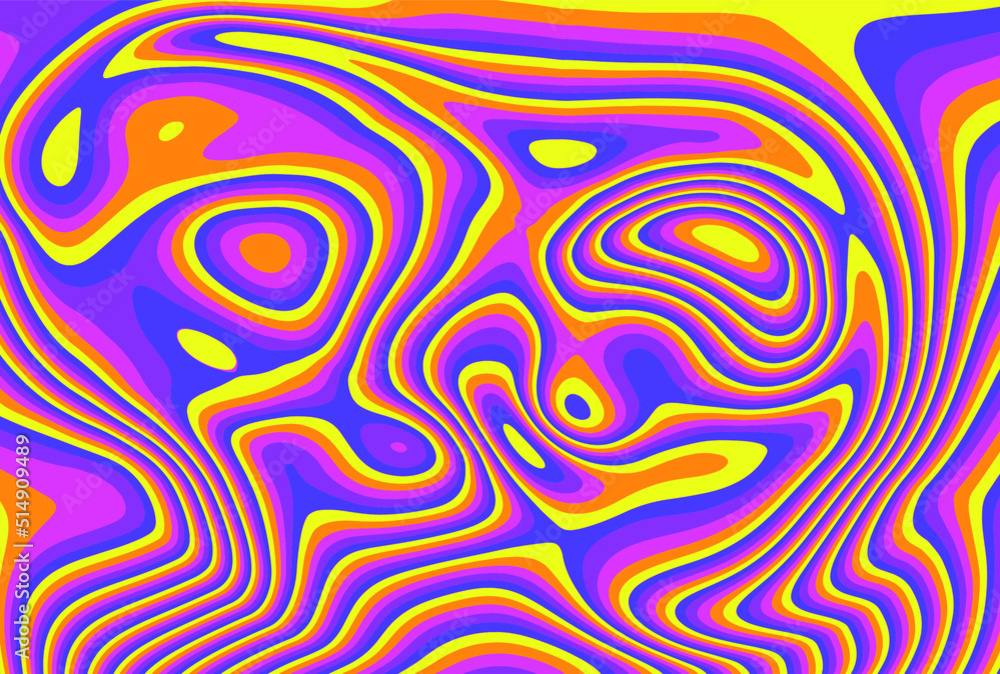 Poster retro neon psychedelic background with distorted and wavy lines and curves. the 60s and 70s hippie s