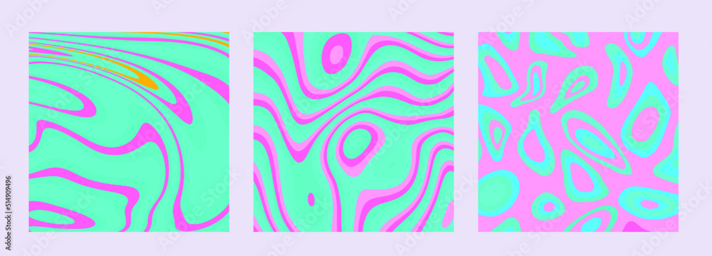 Poster Set of hippie retro posters with melting and distorting shapes.