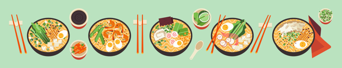 Ramen noodles asian soup. Bowl with spicy hot Thai food. Set of Japanese wok dishes with chopsticks and spices isolated. Vector flat geometric illustration of oriental cuisine delicacy culture.