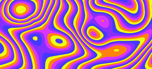 Retro neon psychedelic background with distorted and wavy lines and curves. The 60s and 70s hippie style.