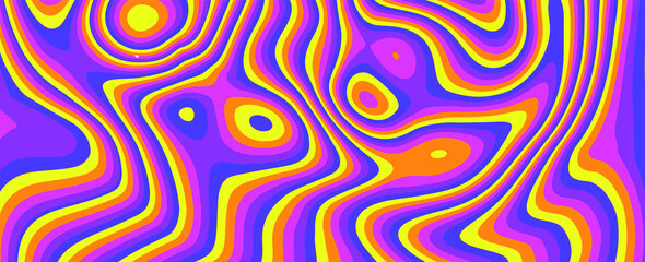 Fototapeta na wymiar Retro neon psychedelic background with distorted and wavy lines and curves. The 60s and 70s hippie style.