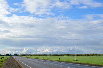 Long asphalt road between green fields under blue cloudy sky on a sunny summer day, summer road landscape