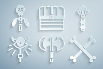Set Medieval poleaxe, Magic wand, staff, Crossed human bones, Chest and icon. Vector