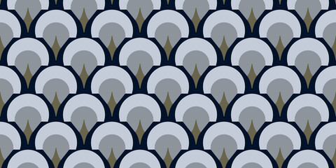 Fototapeta premium Elegant fan pattern abstract simple silhouettes geometric shape continuous background. Modern lux fabric design textile swatch ladies dress all over print block.