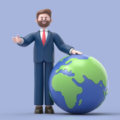 3D Illustration of smiling businessman Bob standing with a globe. global business or ecology concept. 3D rendering on blue background.
