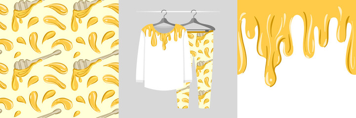 Seamless pattern and illustration set with endless honey border. Baby design pajamas, background for apparel, room decor, tee print, baby shower party invitation, fabric design