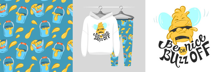 Seamless pattern and illustration set with bee and quote Bee nice or buzz off. Baby design pajamas, background for apparel, room decor, tee print, baby shower party invitation, fabric design, wrapping