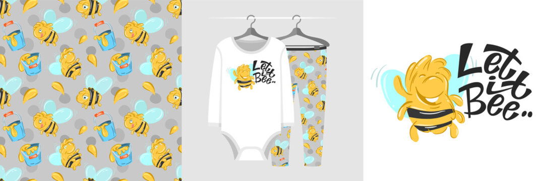 Seamless pattern and illustration set with bee and quote Let it bee. Baby design pajamas, background for apparel, room decor, tee print, baby shower party invitation, fabric design, wrapping
