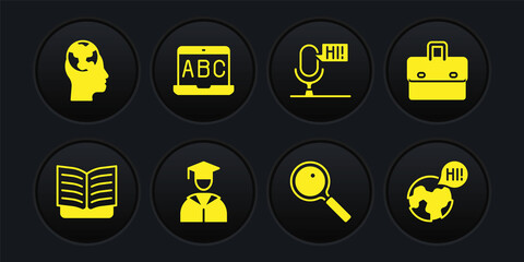 Set Open book, Briefcase, Graduate and graduation cap, Magnifying glass, Microphone voice device, Foreign language online study, Learning foreign languages and icon. Vector