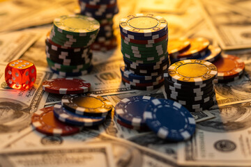 poker chips and money, dollars.