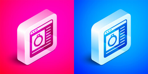 Isometric Jewelry online shopping icon isolated on pink and blue background. Silver square button. Vector