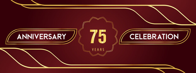 75 years anniversary celebration logotype with decorative gold frames on a dark red background. Premium design for weddings, birthday party, celebration events, graduation, and greeting.