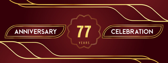 77 years anniversary celebration logotype with decorative gold frames on a dark red background. Premium design for weddings, birthday party, celebration events, graduation, and greeting.