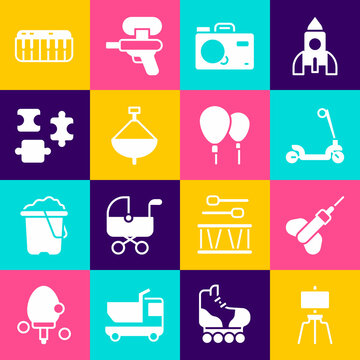 Set Wood easel, Dart arrow, Roller scooter, Photo camera, Whirligig toy, Puzzle pieces, Music synthesizer and Balloons icon. Vector