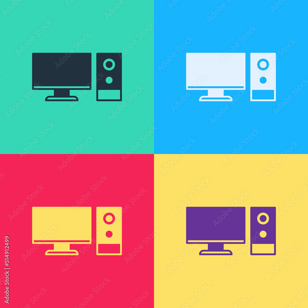Poster pop art computer monitor icon isolated on color background. pc component sign. vector