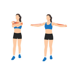 Woman doing Chest crossover with long resistance band exercise. Flat vector illustration isolated on white background