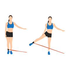 Woman doing Butt. cable standing abduction with long resistance band exercise. Flat vector illustration isolated on white background - obrazy, fototapety, plakaty