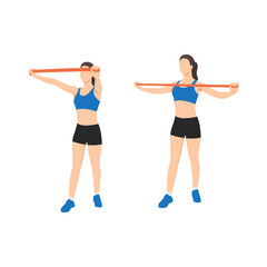 Woman doing Upper back reverse fly with long resistance band exercise. Flat vector illustration isolated on white background