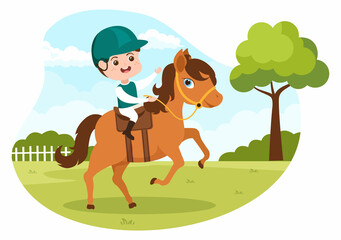 Horse Riding Cartoon Illustration with Cute People Character Practicing Horseback Ride or Equestrianism Sports in the Green Field