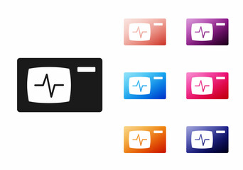 Black Computer monitor with cardiogram icon isolated on white background. Monitoring icon. ECG monitor with heart beat hand drawn. Set icons colorful. Vector