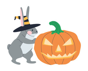 A rabbit in a hat rolls a Halloween pumpkin. The hare is getting ready for the holiday. Magic striped hat. Flat vector illustration. Eps10