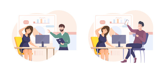 Coworkers working on new project and discussing diagram report. Male and female office employees talking and generating ideas at business meeting.