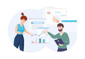 Colleagues analyzing growth charts standing near presentation board. Man and woman coworkers communicating and making presentation. Business data analysis, planning, brainstorming