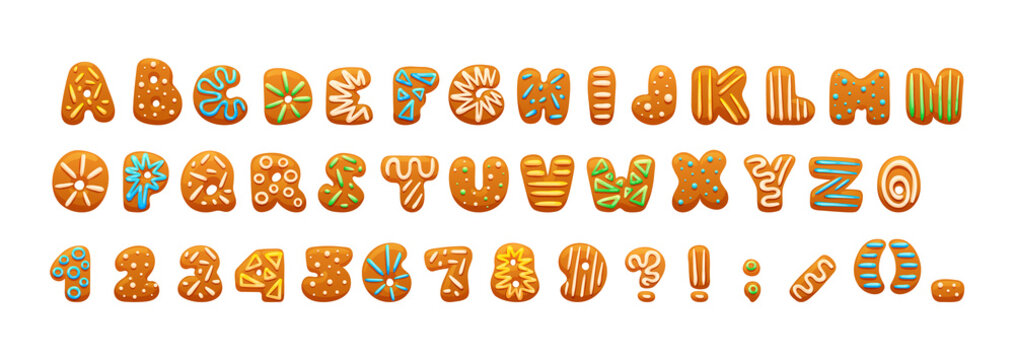Sweet cookie alphabet, arabic numbers and punctuation marks. Cute icing sugar font letters, numerals and symbols. Christmas and New Year gingerbread cookies English ABC