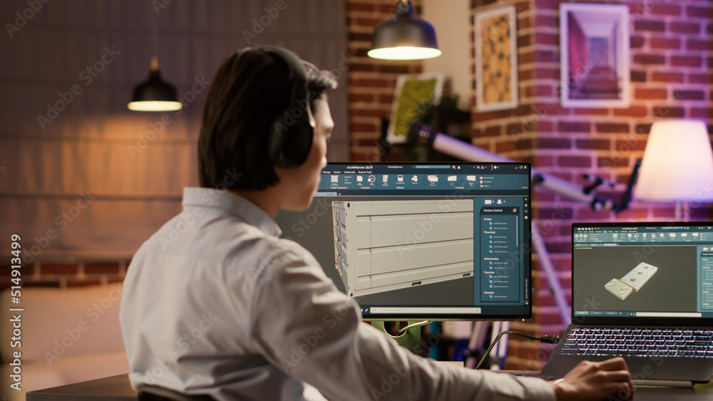 Poster asian technician using industrial software to create product component, engineering blueprint cad wi
