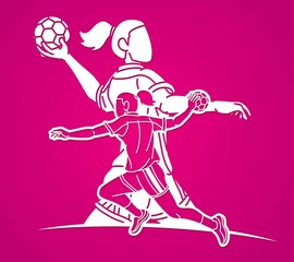 Fototapeta na wymiar Group of Handball Female Players Cartoon Sport Action Graphic Vector
