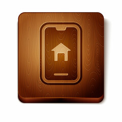 Brown Online real estate house on smartphone icon isolated on white background. Home loan concept, rent, buy, buying a property. Wooden square button. Vector