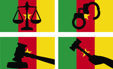 Cameroon flag with justice vector silhouette, judge gavel, scales of justice, handcuff silhouette on country flag