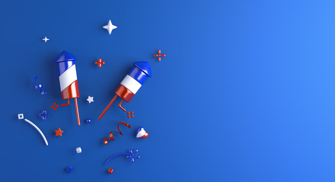 Happy Bastille Day, French National Day 14 of July decoration background with firework rocket flag, copy space text, 3d rendering illustration