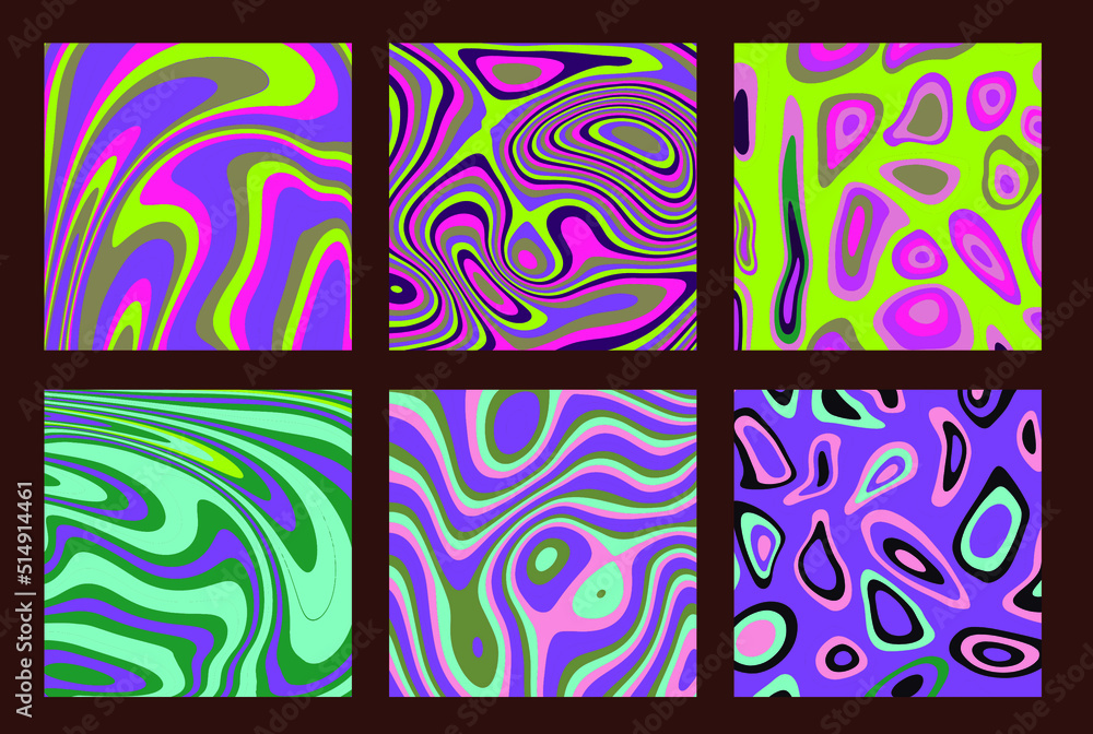 Poster Set of hippie retro posters with melting and distorting shapes.
