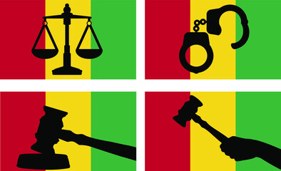 Guinea flag with justice vector silhouette, judge gavel, scales of justice, handcuff silhouette on country flag