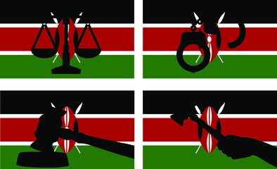 Kenya flag with justice vector silhouette, judge gavel, scales of justice, handcuff silhouette on country flag