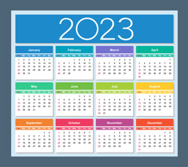 Colorful calendar for 2023 year. Week starts on Sunday. Isolated vector illustration.
